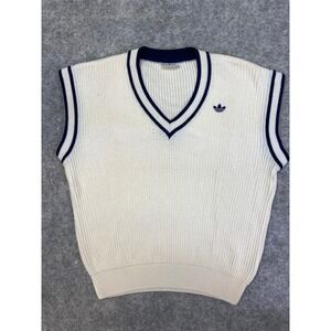 Adidas Vintage Sweater Vest White Navy Striped V Neck Athletic Size 50 Large
